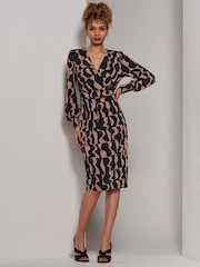Jolie Moi Brown Gwen Print Long Sleeve Pegged Dress - Image 4 of 6