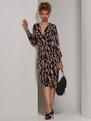 Jolie Moi Brown Gwen Print Long Sleeve Pegged Dress - Image 5 of 6