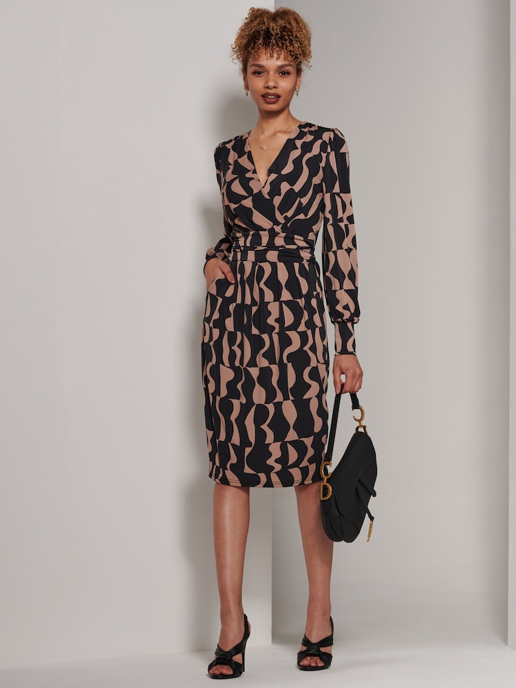 Jolie Moi Brown Gwen Print Long Sleeve Pegged Dress - Image 6 of 6