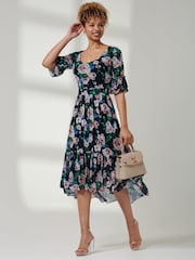Jolie Moi Blue Tiered Hem Midi Mesh Dress - Image 1 of 6