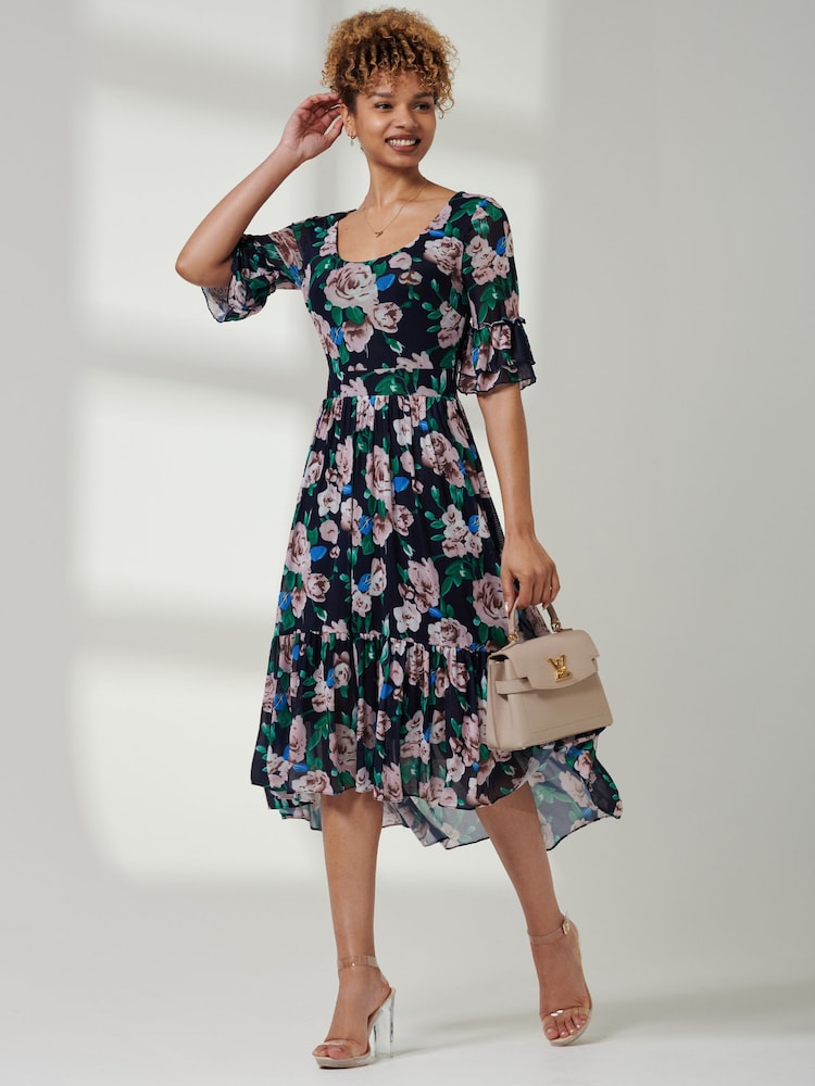 Jolie Moi Blue Tiered Hem Midi Mesh Dress - Image 1 of 6