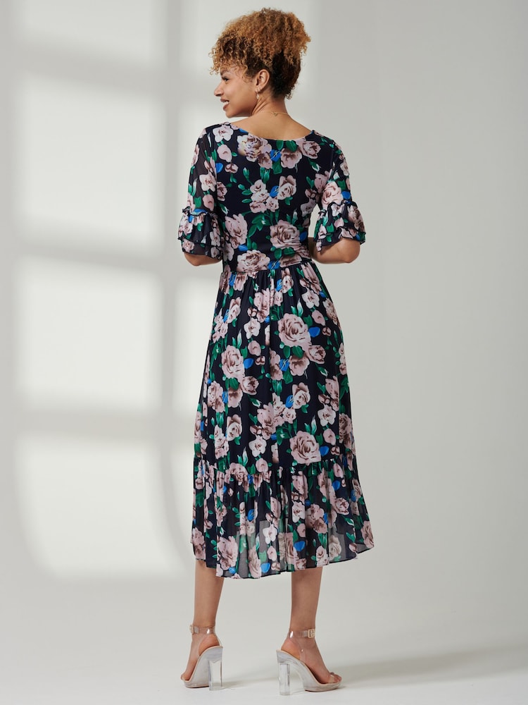 Jolie Moi Blue Tiered Hem Midi Mesh Dress - Image 2 of 6