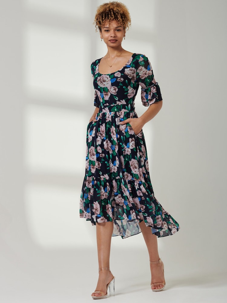Jolie Moi Blue Tiered Hem Midi Mesh Dress - Image 6 of 6
