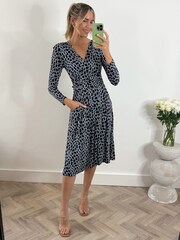 Jolie Moi Blue Front Wrap V-Neck Midi Dress - Image 1 of 5