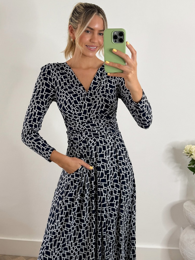 Jolie Moi Blue Front Wrap V-Neck Midi Dress - Image 5 of 5