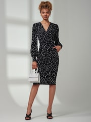 Jolie Moi Black Gwen Print Long Sleeve Pegged Dress - Image 1 of 6