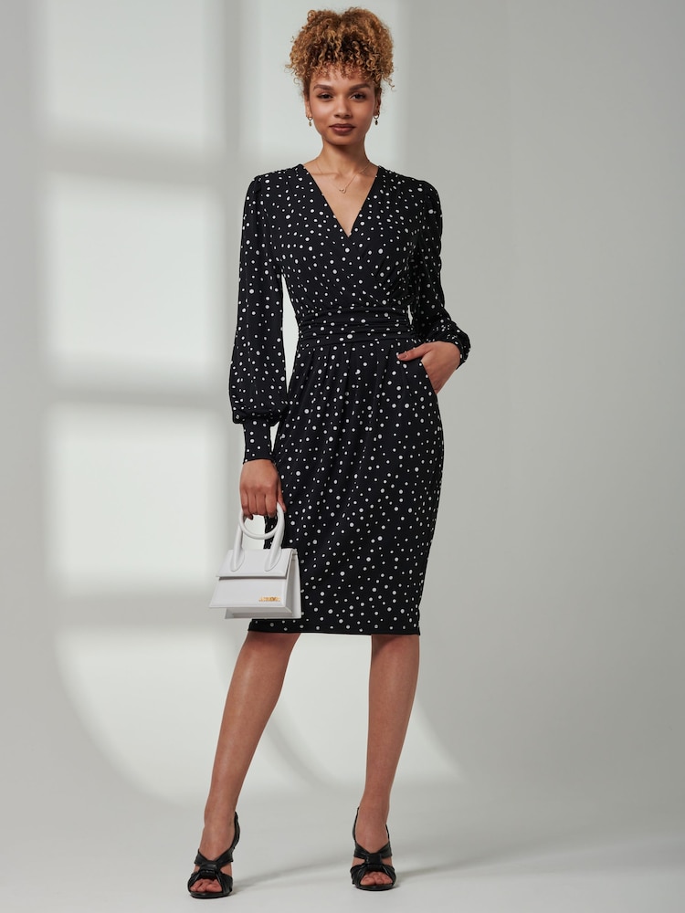 Jolie Moi Black Gwen Print Long Sleeve Pegged Dress - Image 1 of 6