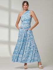 Jolie Moi Blue Abstract Ruched Waist Jersey Maxi Dress - Image 4 of 6