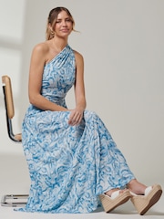 Jolie Moi Blue Abstract Ruched Waist Jersey Maxi Dress - Image 6 of 6