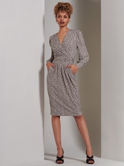 Jolie Moi Brown Gwen Print Long Sleeve Pegged Dress - Image 1 of 6