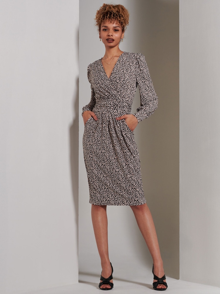 Jolie Moi Brown Gwen Print Long Sleeve Pegged Dress - Image 1 of 6