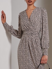 Jolie Moi Brown Gwen Print Long Sleeve Pegged Dress - Image 3 of 6