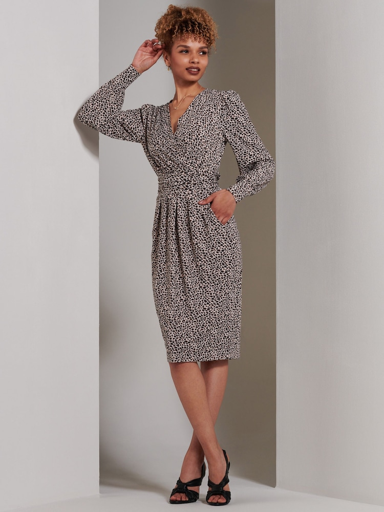 Jolie Moi Brown Gwen Print Long Sleeve Pegged Dress - Image 6 of 6