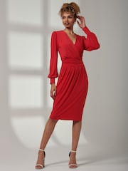 Jolie Moi Red Kinslee Long Sleeve Pegged Dress - Image 1 of 6