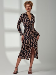Jolie Moi Brown Becca Long Sleeve Jersey Shirt Dress - Image 1 of 6