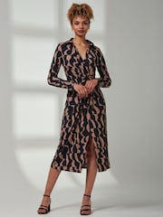 Jolie Moi Brown Becca Long Sleeve Jersey Shirt Dress - Image 4 of 6