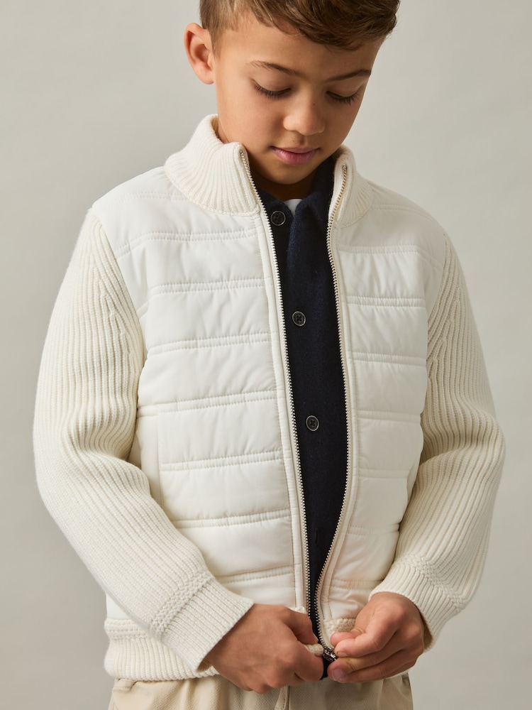 Reiss Off White Southend Hybrid Quilt and Knit Zip-Through Jacket - Image 1 of 4