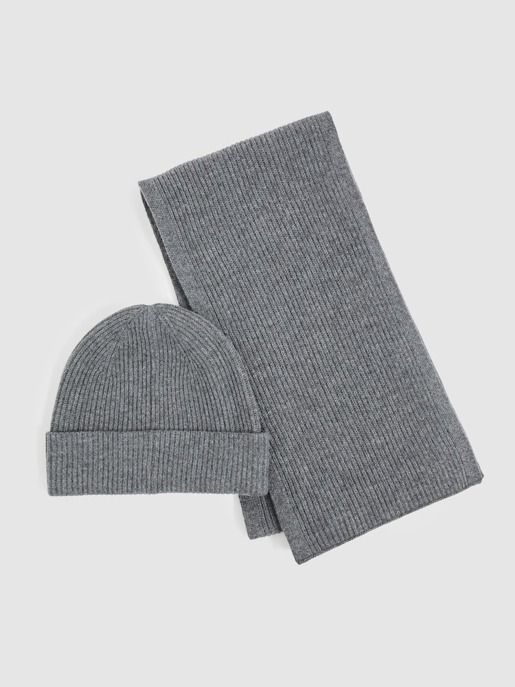 Reiss Chesterfield Merino Wool Ribbed Scarf And Beanie Set - Imagen 1 de 7