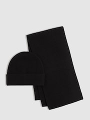 Reiss Black Chesterfield Merino Wool Ribbed Scarf And Beanie Set - Image 1 of 6