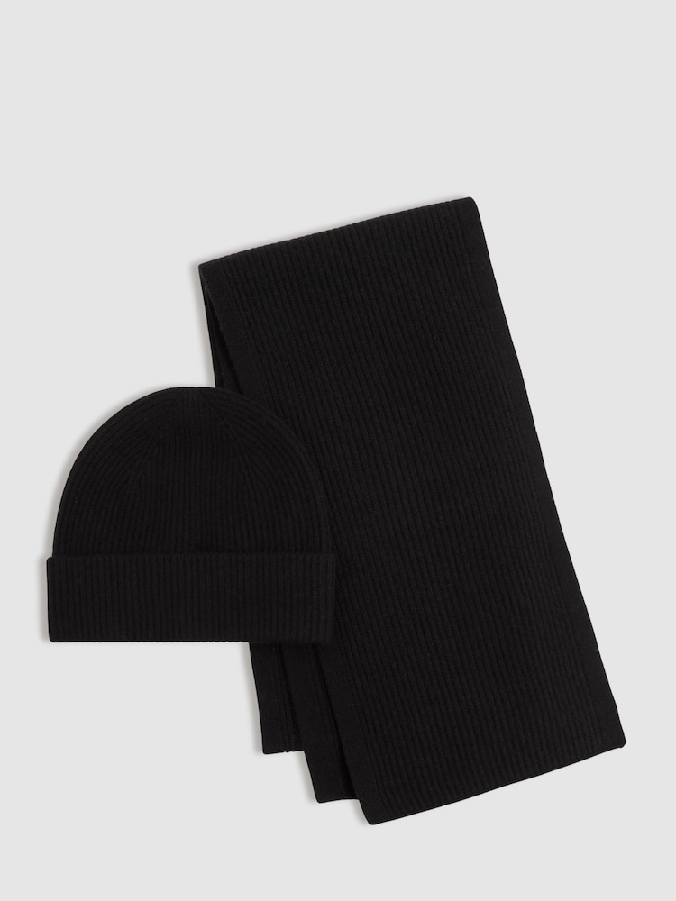Reiss Black Chesterfield Merino Wool Ribbed Scarf And Beanie Set - Image 1 of 6