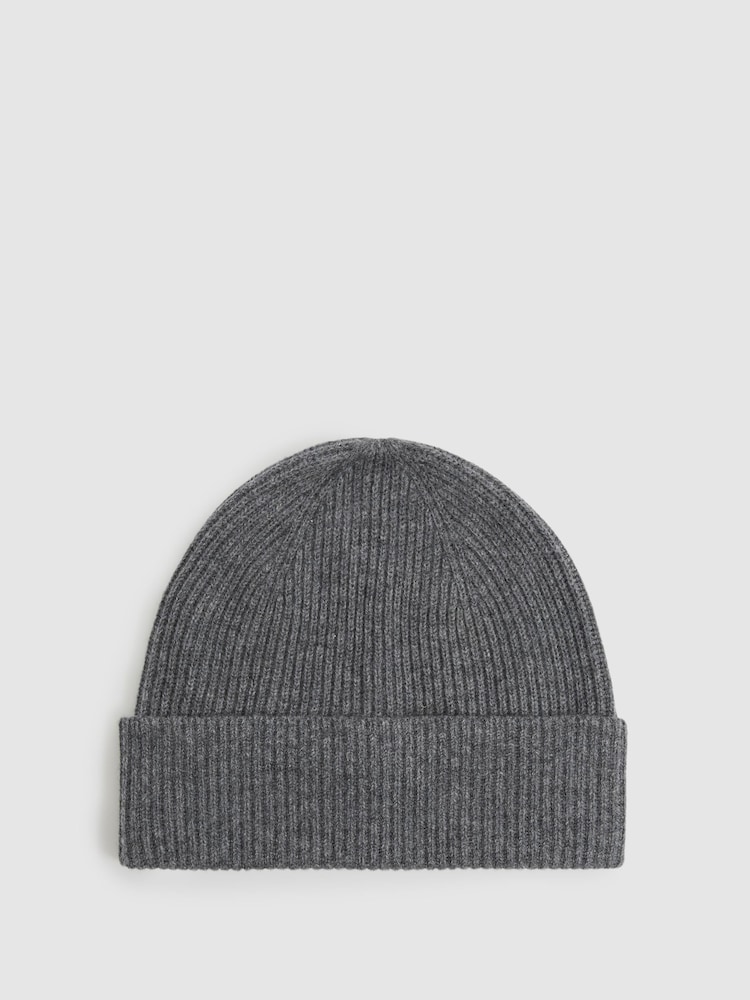 Reiss Mid Grey Melange Chaise Merino Wool Ribbed Beanie Hat - Image 1 of 4