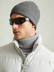 Reiss Mid Grey Melange Chaise Merino Wool Ribbed Beanie Hat - Image 2 of 4