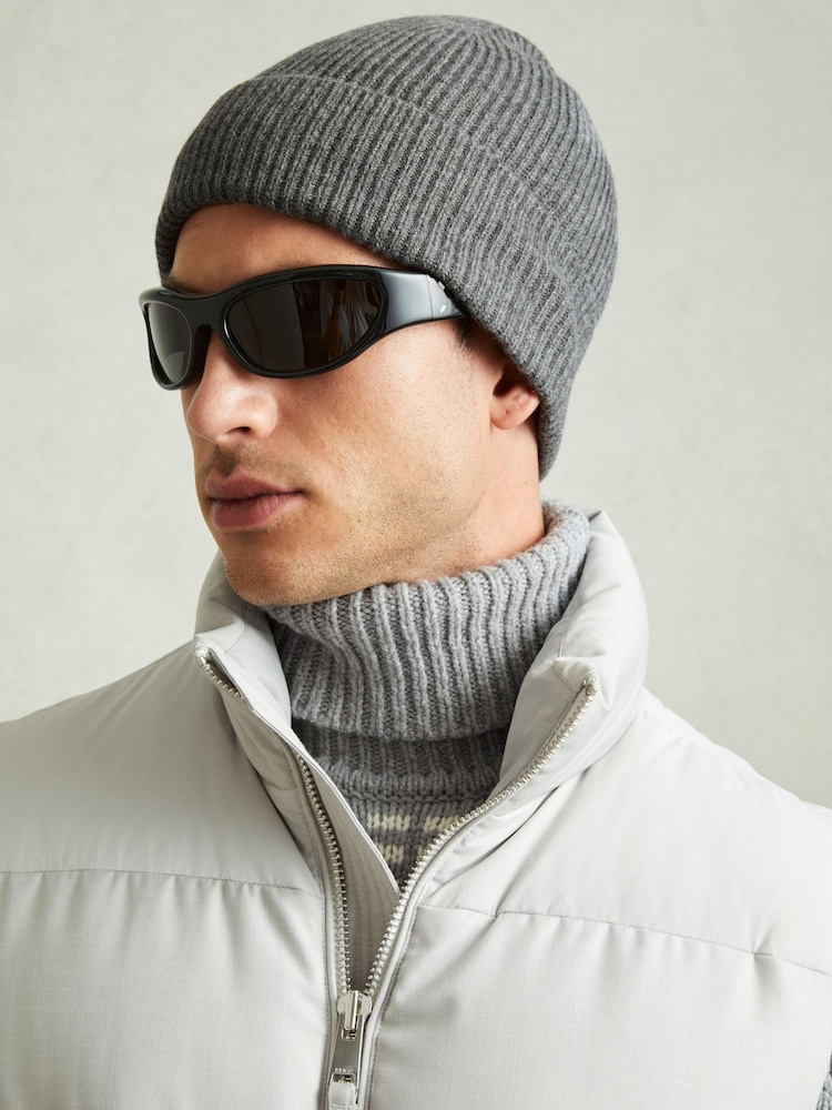 Reiss Mid Grey Melange Chaise Merino Wool Ribbed Beanie Hat - Image 2 of 4