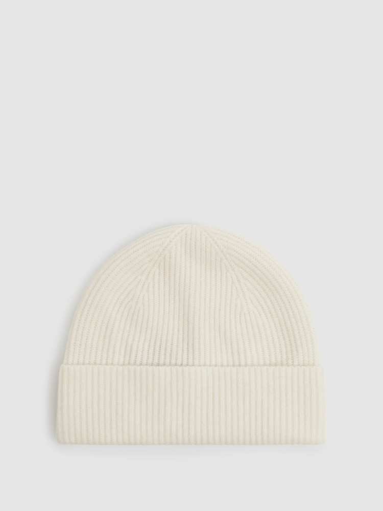 Reiss Off White Chaise Merino Wool Ribbed Beanie Hat - Image 1 of 4