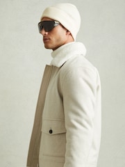 Reiss Off White Chaise Merino Wool Ribbed Beanie Hat - Image 2 of 4