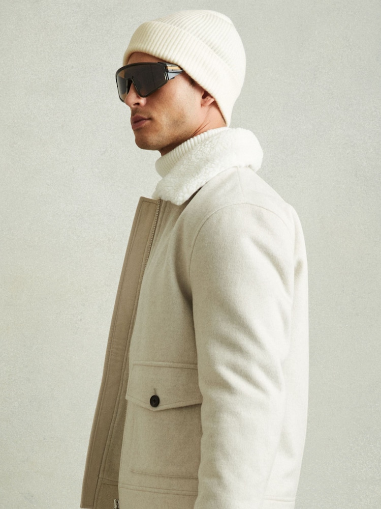 Reiss Off White Chaise Merino Wool Ribbed Beanie Hat - Image 2 of 4