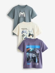 Grey/Purple/Ecru Gamer Regular Fit Graphic Short Sleeve 100% Cotton T-Shirts 3 Pack (3-16yrs) - Image 1 of 7