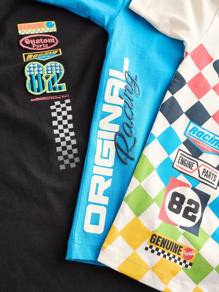 Voiture de course Bleu/Écru - Relaxed Fit Graphic Print Short Sleeve 100% Cotton T-Shirts 3 Pack (3-16yrs) - Image 7 of 8