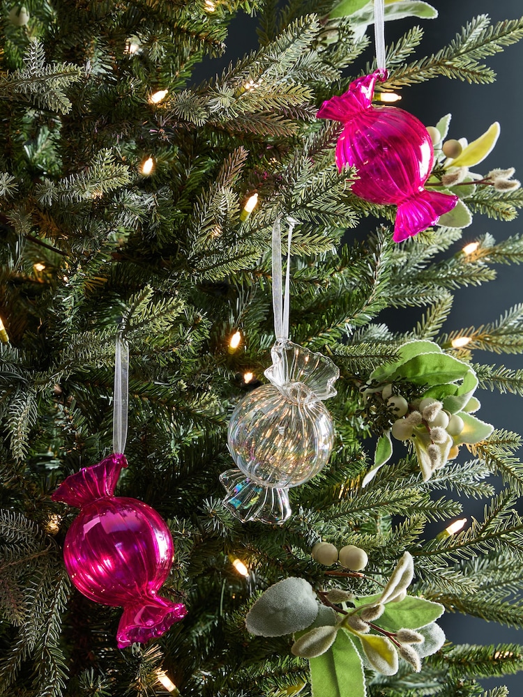 Set of 3 Pink/Clear Glass Sweetie Christmas Baubles - Image 1 of 4