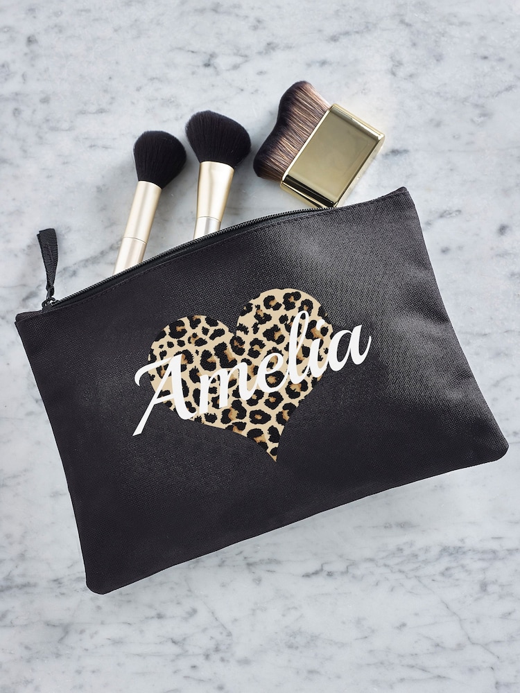 Personalised Animal Print Heart Make Up Bag - Image 1 of 4 Personalised Animal Print Heart Make Up Bag - Image 1 of 4
