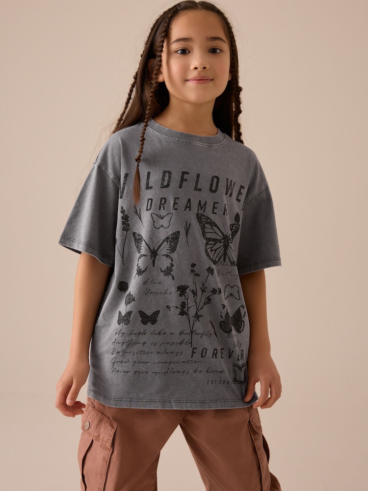 Charcoal Grey Oversized Graphic Print T-Shirt (3-16yrs) - Image 1 of 7