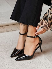 Linzi dark black Maci Stiletto Court Heels With Ankle Strap - Image 1 of 5