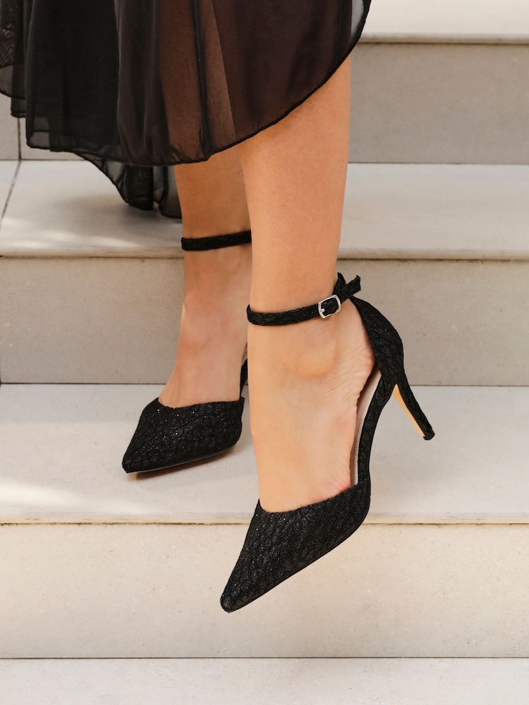 Linzi Black Glitter Maci Stiletto Court Heels With Ankle Strap - Image 1 of 5