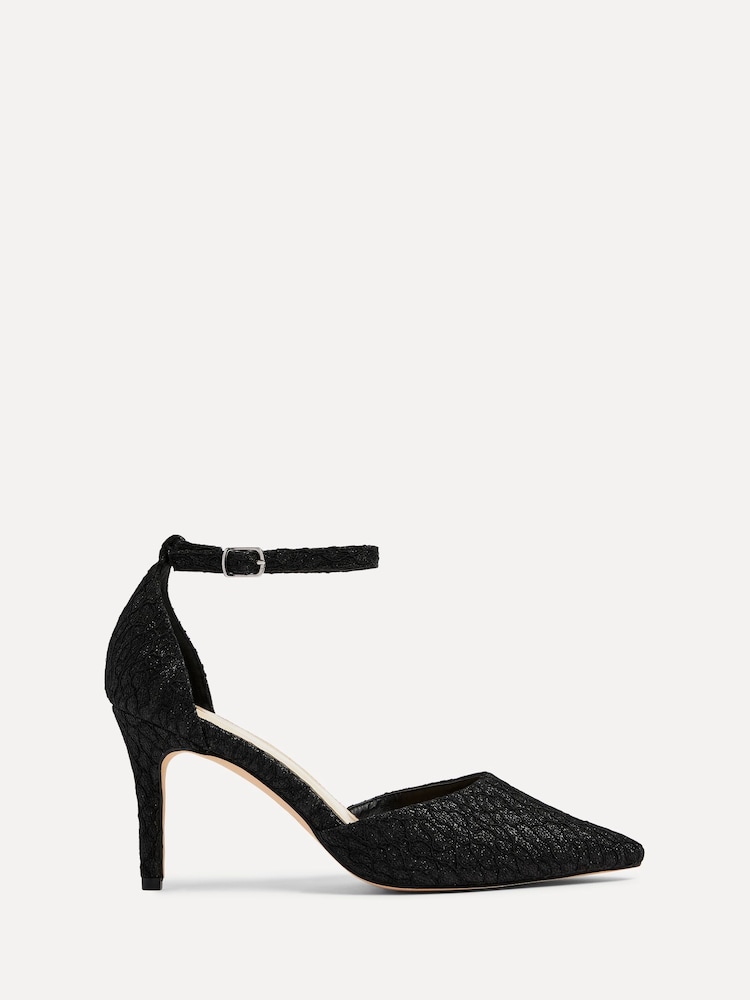 Linzi Black Glitter Maci Stiletto Court Heels With Ankle Strap - Image 2 of 5