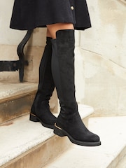 Linzi Black Suede Sawyer Knee High Classic Riding Boots With Gold Trim - Image 1 of 6