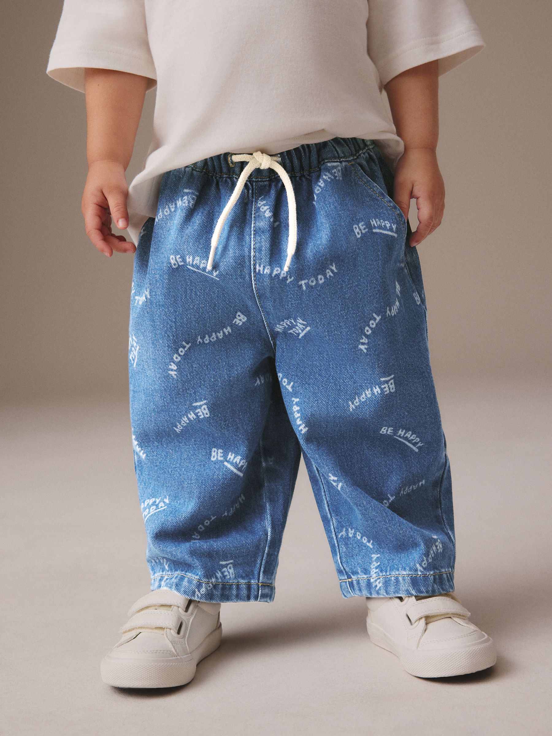 Mid Blue All Over Print Wide Leg Pull On 100% Cotton Jeans (3mths-7yrs)