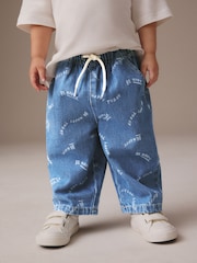 Mid Blue All Over Print Wide Leg Pull On 100% Cotton Jeans (3mths-7yrs) - Image 1 of 7