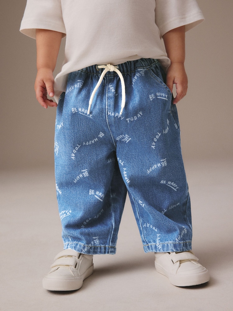 Mid Blue All Over Print Wide Leg Pull On 100% Cotton Jeans (3mths-7yrs) - Image 1 of 7