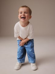 Mid Blue All Over Print Wide Leg Pull On 100% Cotton Jeans (3mths-7yrs) - Image 2 of 7