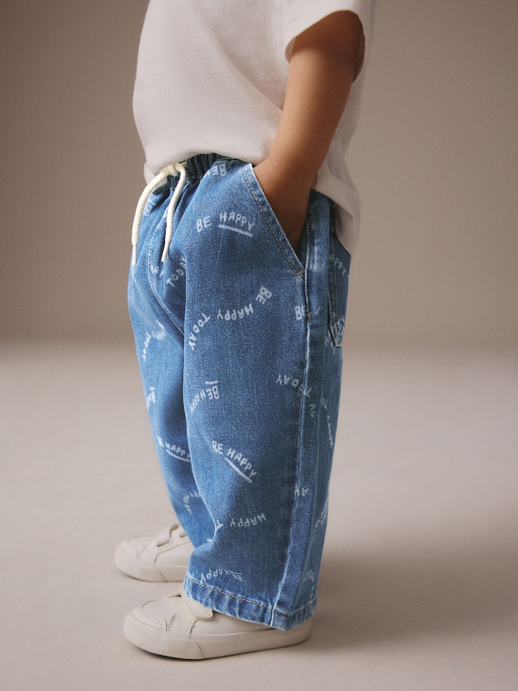 Mid Blue All Over Print Wide Leg Pull On 100% Cotton Jeans (3mths-7yrs) - Image 4 of 7
