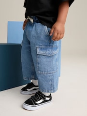 Mid Blue Denim Wide Leg Pull On Cargo 100% Cotton Jeans (3mths-7yrs) - Image 1 of 8