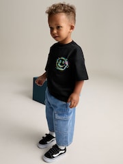 Mid Blue Denim Wide Leg Pull On Cargo 100% Cotton Jeans (3mths-7yrs) - Image 2 of 8
