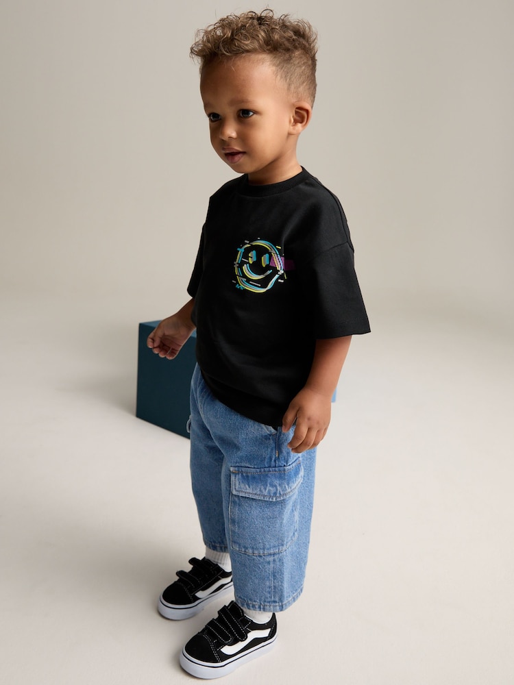 Mid Blue Denim Wide Leg Pull On Cargo 100% Cotton Jeans (3mths-7yrs) - Image 2 of 8