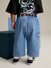 Mid Blue Denim Wide Leg Pull On Cargo 100% Cotton Jeans (3mths-7yrs) - Image 3 of 8