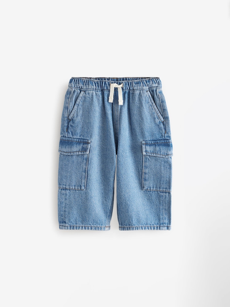 Mid Blue Denim Wide Leg Pull On Cargo 100% Cotton Jeans (3mths-7yrs) - Image 5 of 8