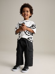 Black Denim Wide Leg Pull On Cargo 100% Cotton Jeans (3mths-7yrs) - Image 2 of 8